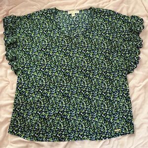 Michael Kors Floral Ruffle Sleeve Blouse - Blue and Green